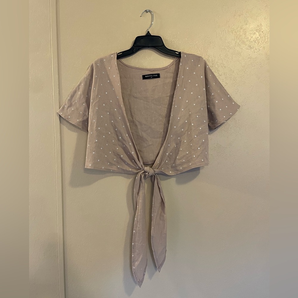 White Fox linen blend tie front crop top sz M